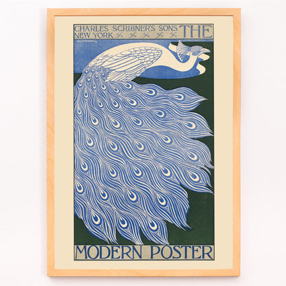 Closeup detail of Elegant blue and white peacock with flowing feathers illustration from The Modern Poster by Will Bradley