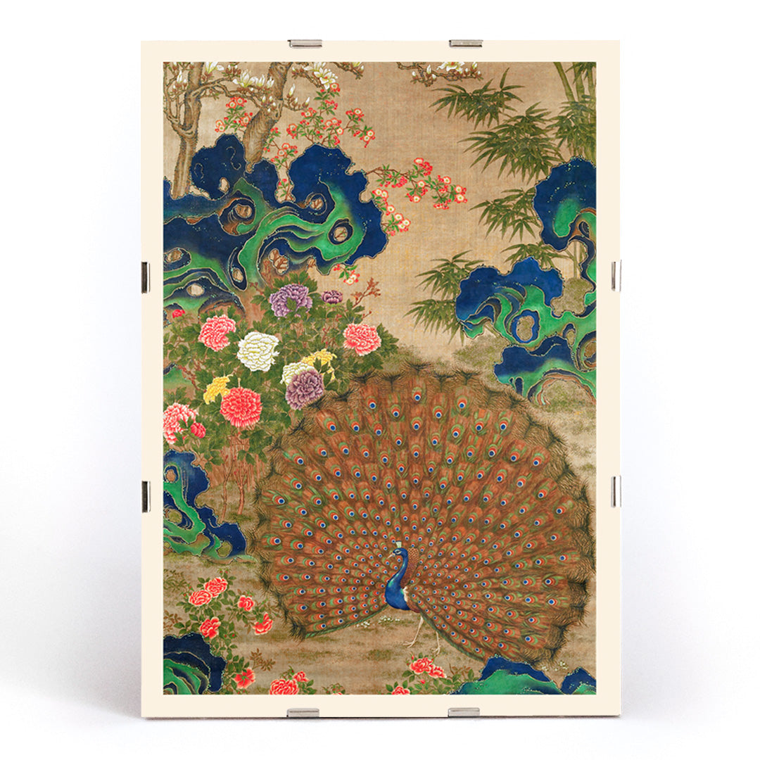 Vibrant Chinese peacock with colorful flowers classic artwork poster perfect for wall decor, framed and displayed in modern living room decor
