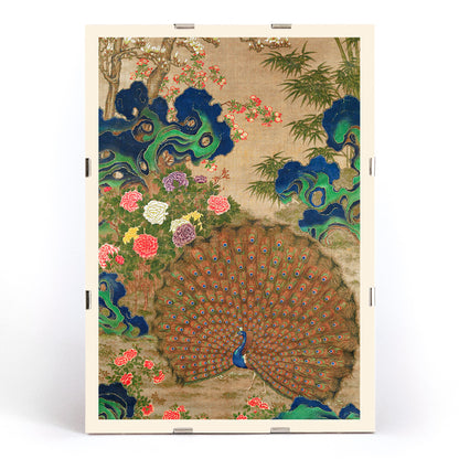 Vibrant Chinese peacock with colorful flowers classic artwork poster perfect for wall decor, framed and displayed in modern living room decor