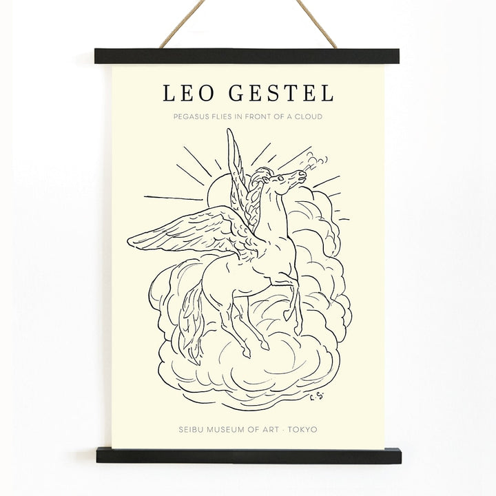 Pegasus flying in front of clouds line drawing illustration by Leo Gestel poster, with wooden magnetic frame on white background