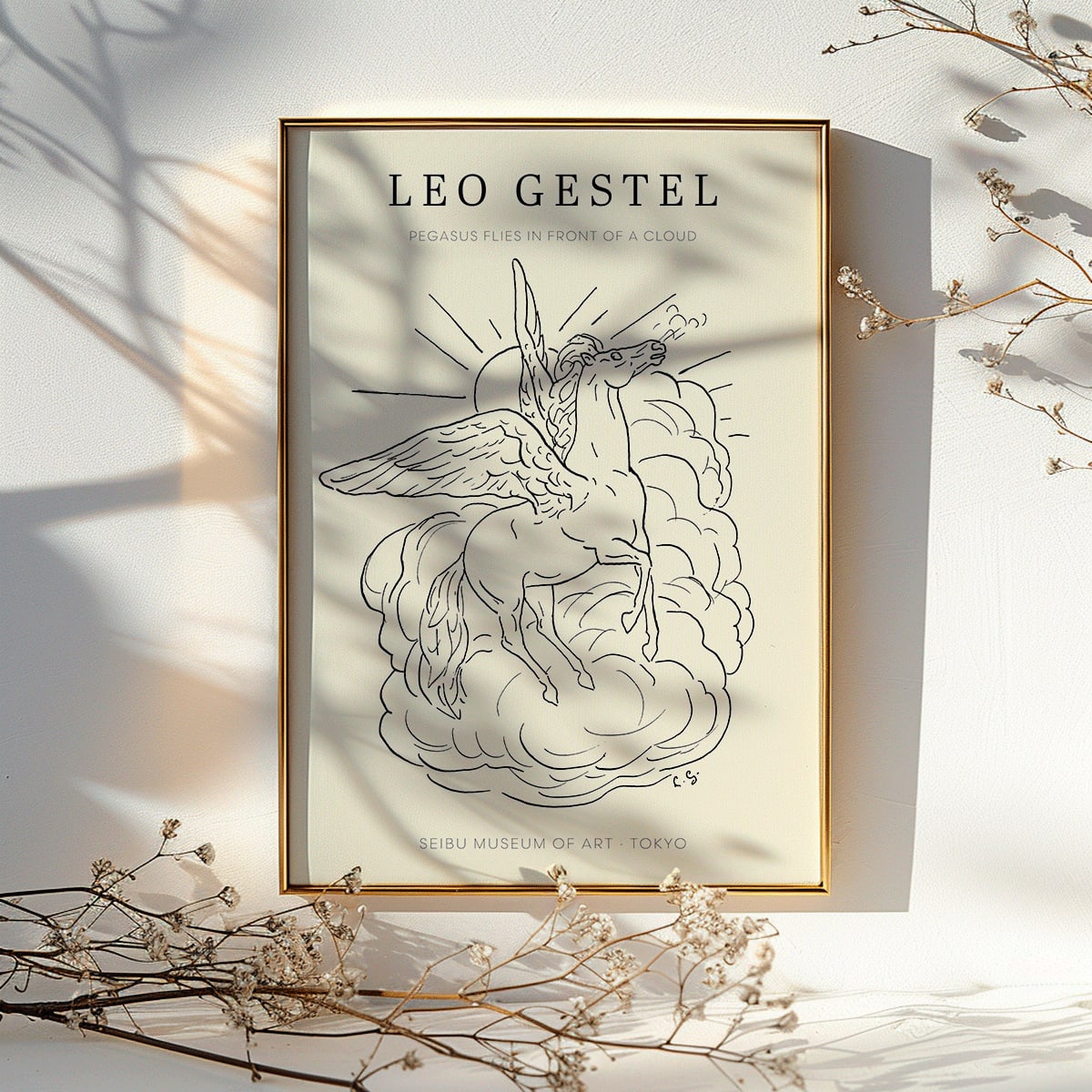 Pegasus flying in front of clouds line drawing illustration by Leo Gestel poster, framed and displayed in modern living room decor