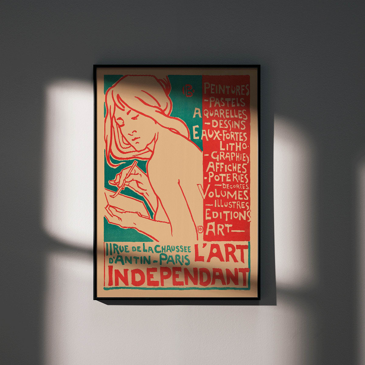 Art Nouveau poster of a woman drawing by Emile Berchmans titled L Art Independant advertising various art forms Paris, framed and displayed in modern living room decor