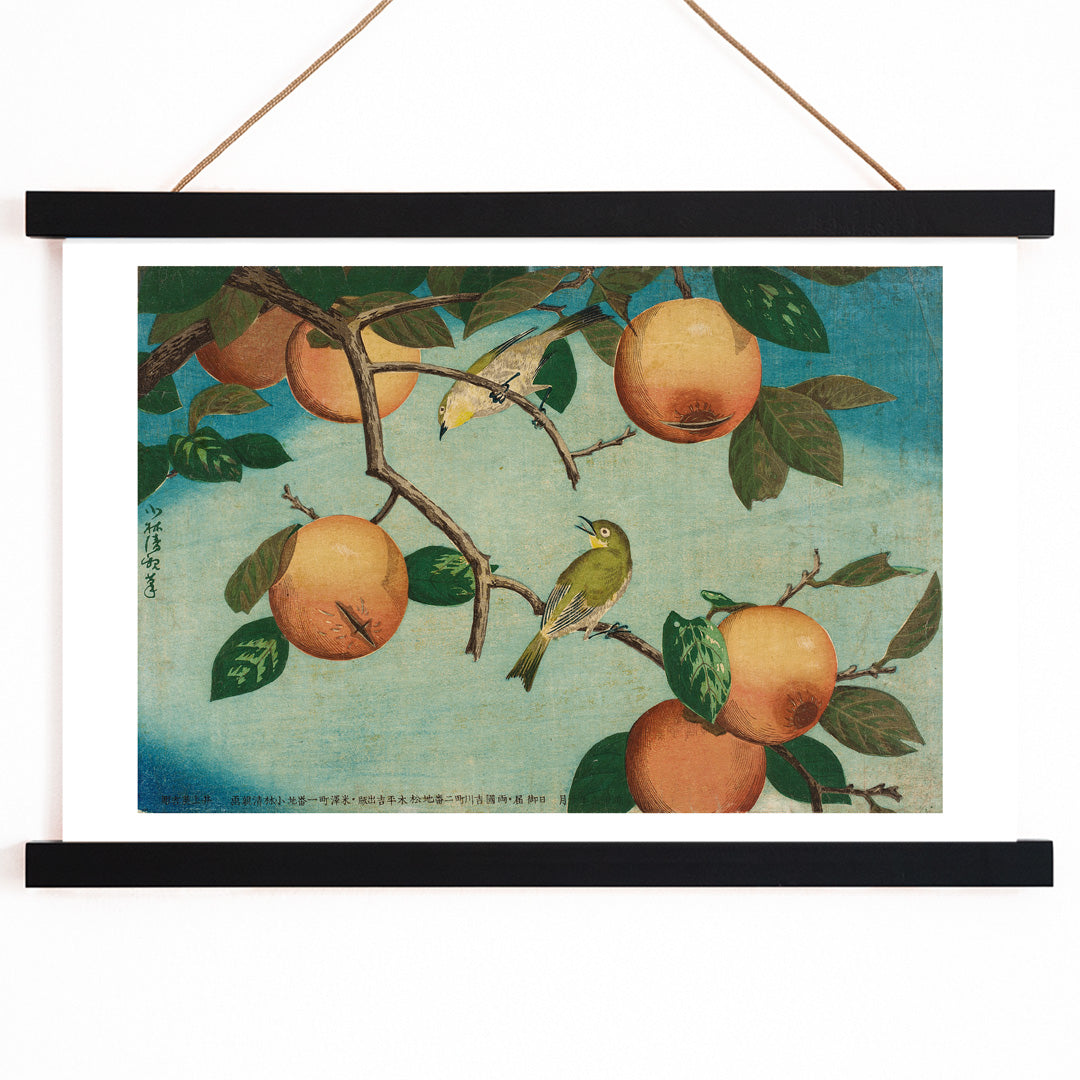 Two white eye birds on persimmon tree with ripe fruit artwork by Kobayashi Kiyochika Persimmons and White Eyes poster, with wooden magnetic frame on white background