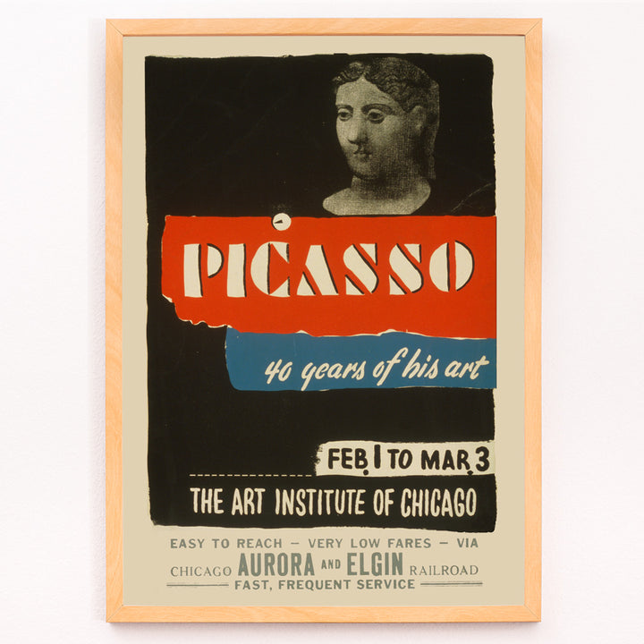 Closeup detail of Vintage exhibition poster for Picasso 40 years of his art at Art Institute of Chicago featuring classical sculpture bold graphic text and sculpted head artwork