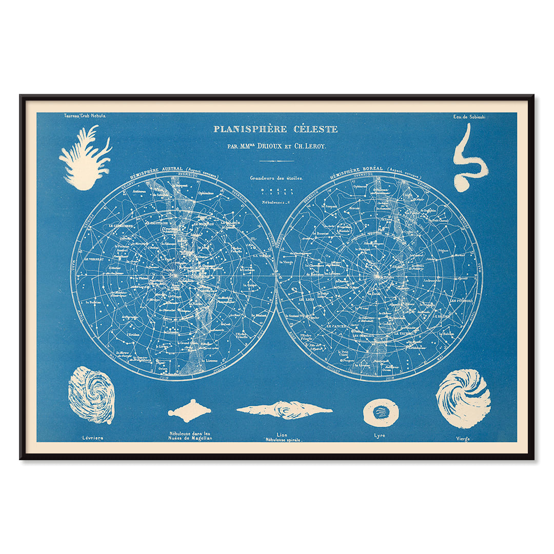 Celestial planisphere star map poster by Claude Joseph Drioux featuring constellations and astronomical illustrations on blue background, with black aluminium frame on white background