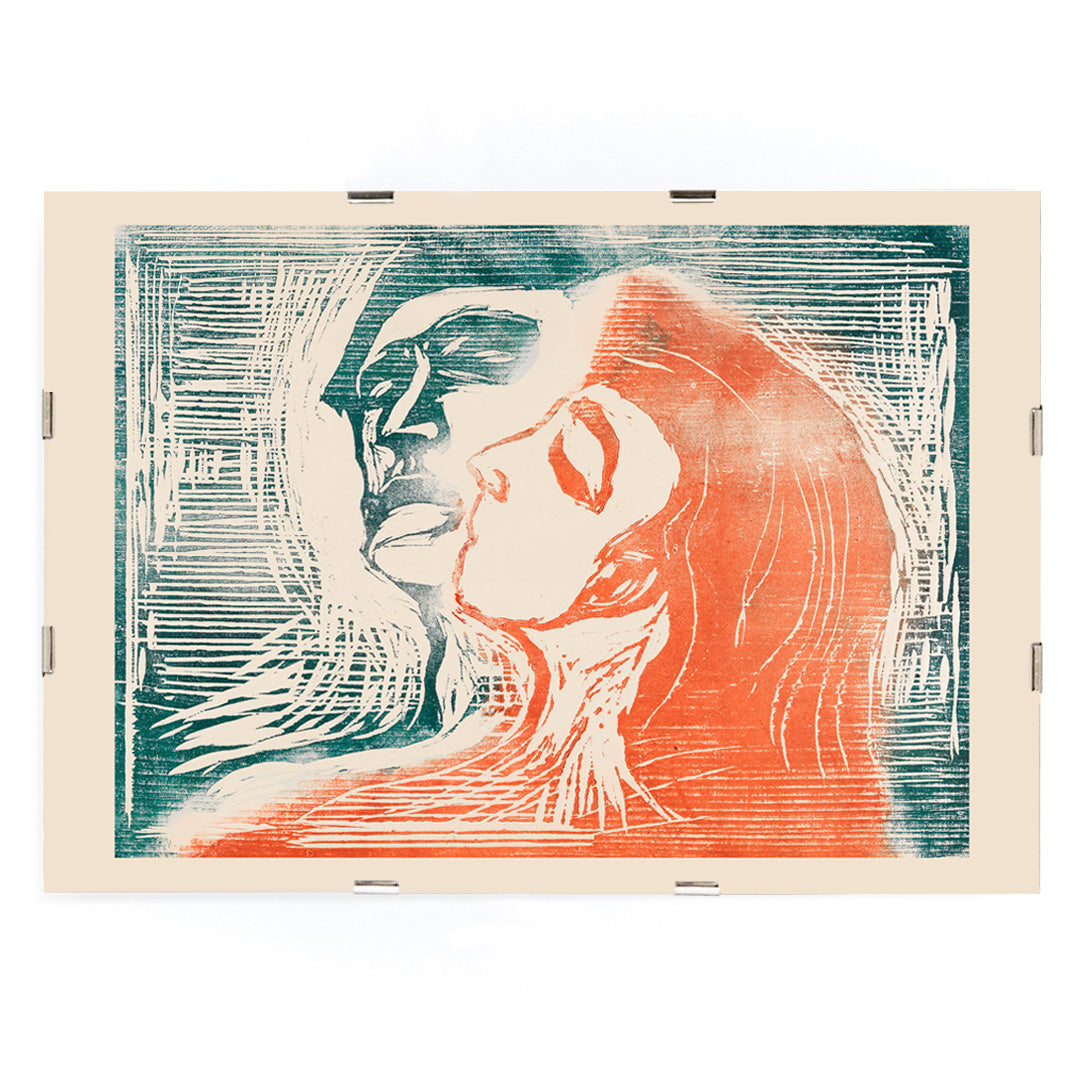 Head by Head by Edvard Munch poster showing man and woman kissing with expressive faces and abstract lines artwork, framed and displayed in modern living room decor
