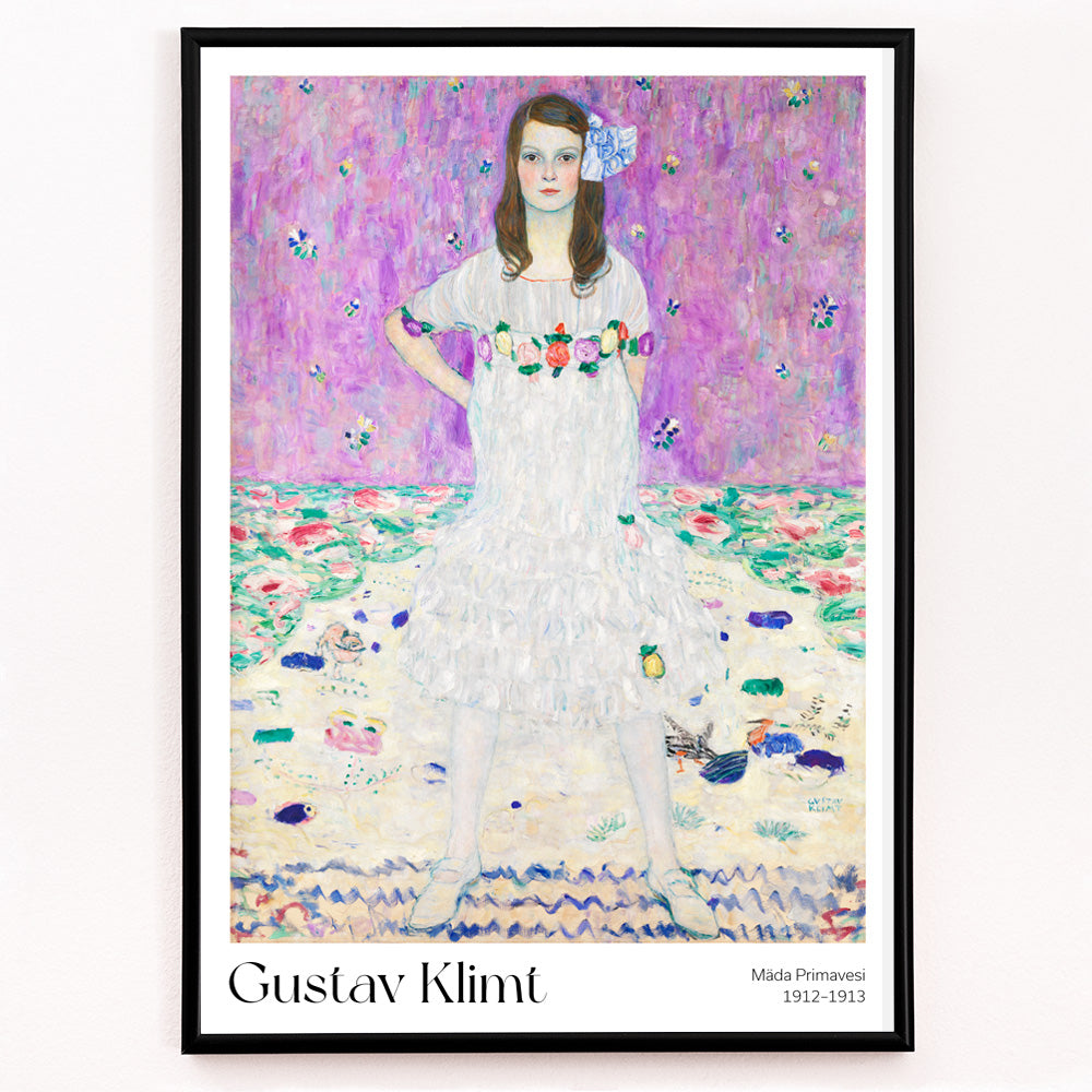 Closeup detail of Mada Primavesi by Gustav Klimt poster featuring a young girl in a white dress with a colorful floral background
