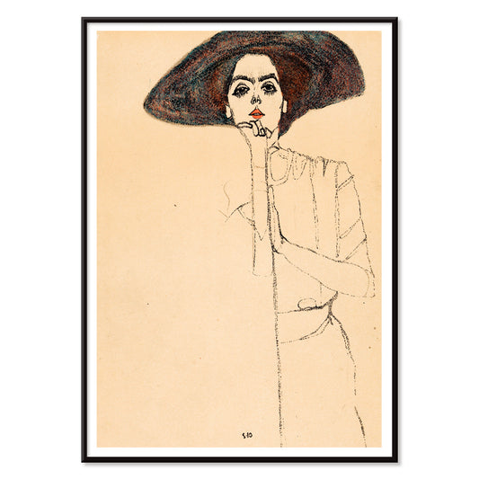 Frauenbildnis II by Egon Schiele poster featuring a woman in a large hat expressive minimalistic line drawing on beige background, with black aluminium frame on white background