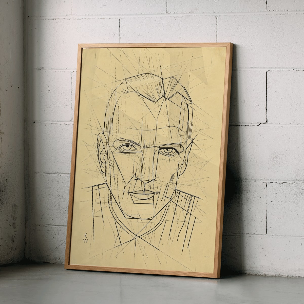 Line drawing and poster of a mans face by Karl Wiener titled Porträt featuring geometric angular portrait details, framed and displayed in home decor