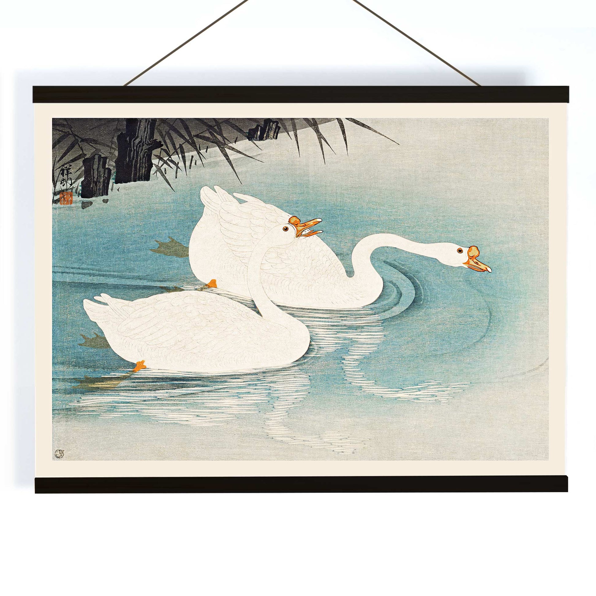 White geese swimming among blue water and reeds Geese amid Reeds by Ohara Koson poster, with wooden magnetic frame on white background