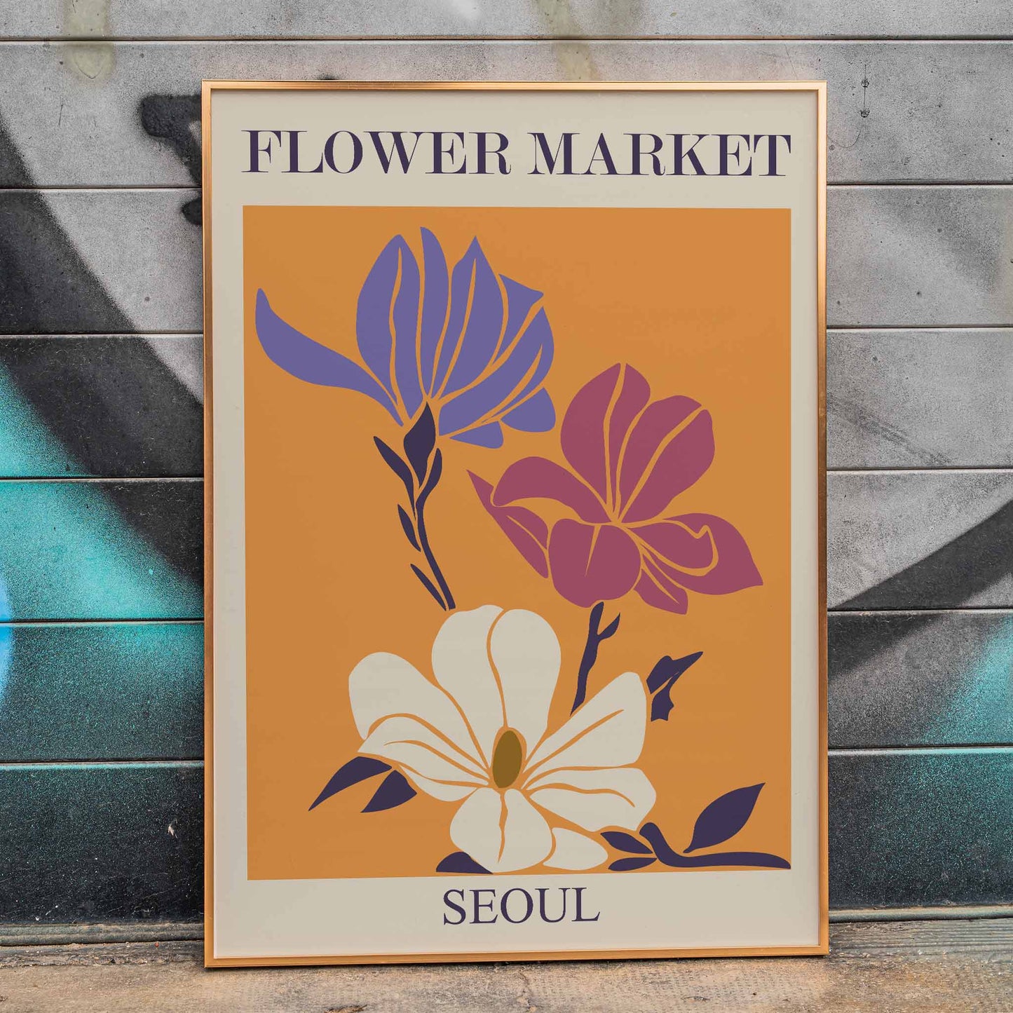 Flower Market Seoul 2 by Moryarty colorful illustrated poster with three stylized flowers on orange background, framed and displayed in home decor
