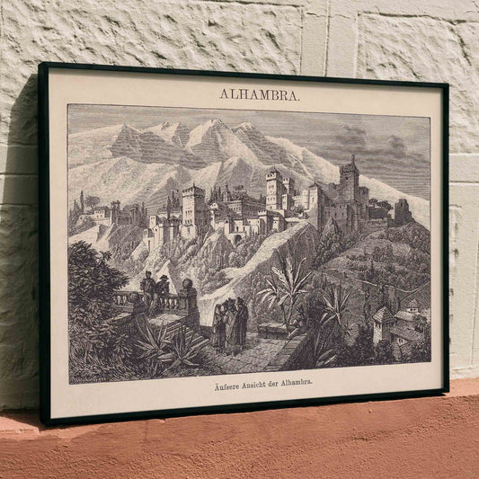 Vintage illustration poster of Alhambra palace with mountains and vegetation by The Institute of Liepzig, framed and displayed in home decor