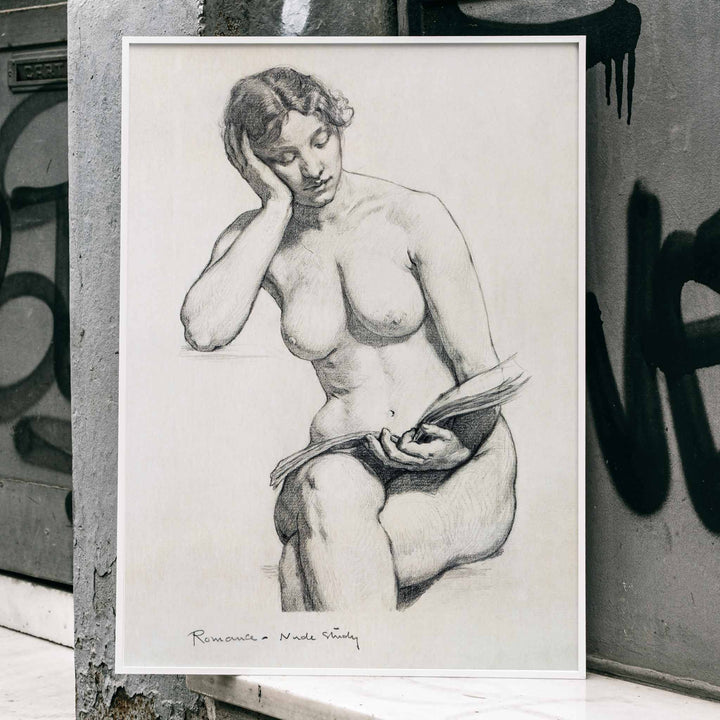 Nude Study 1896 by Kenion Cox pencil sketch of a seated nude woman reading a book contemplative expression art poster, framed and displayed in home decor