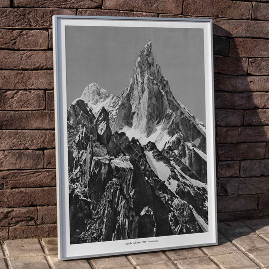 Jagged mountain peak with snow and glaciers by Vittorio Sell Aiguille calcaire Baltoro and Godwin Austen poster photography, framed and displayed in home decor