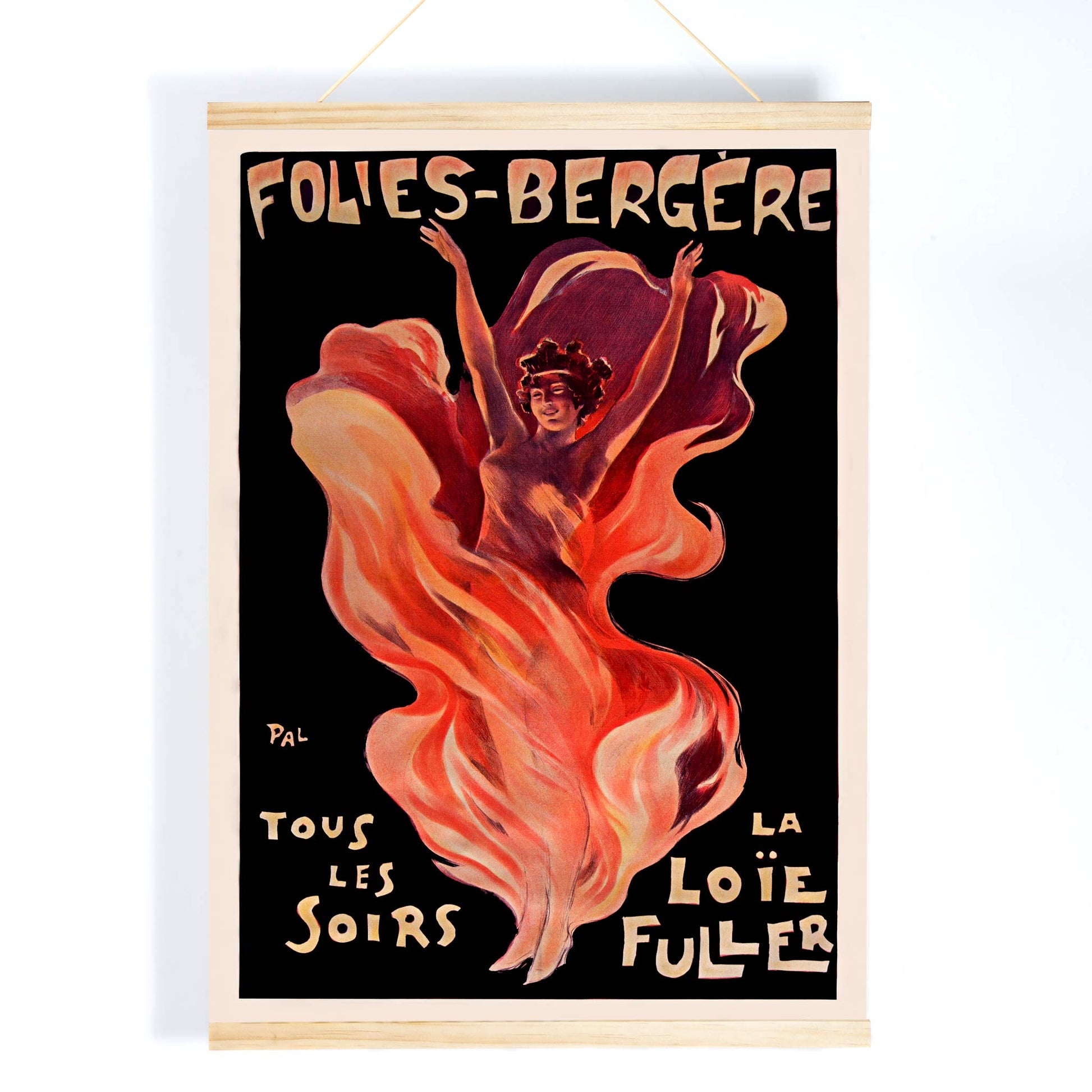 Folies-Bergere La Loie Fuller by Pal vibrant poster artwork featuring a dancing woman with flowing and swirling colorful fabric, with wooden magnetic frame on white background