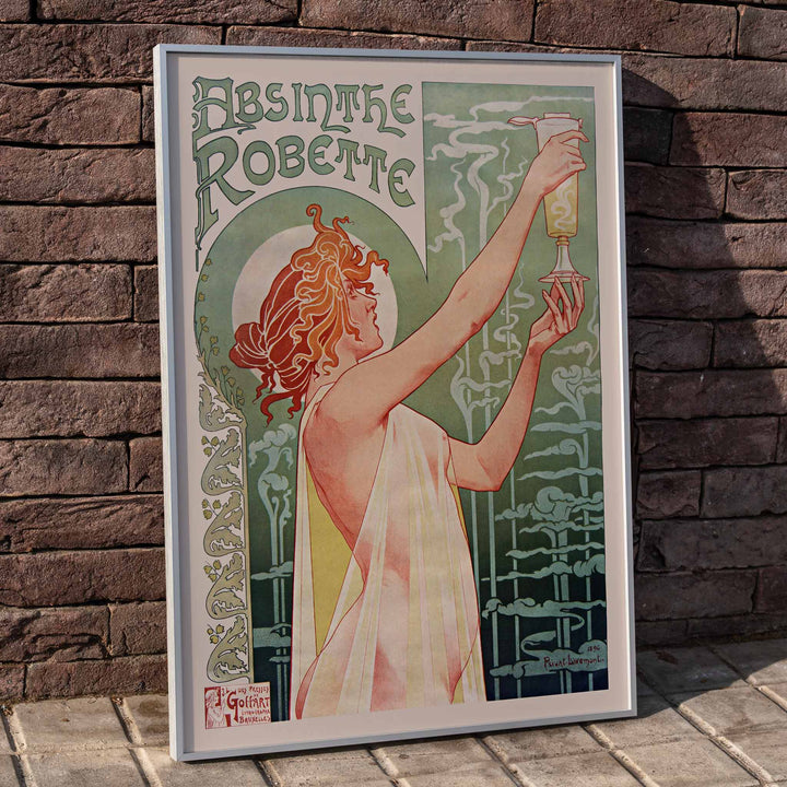 Art Nouveau poster Absinthe Robette by Privat-Livemont featuring a woman holding a glass of absinthe with stylized smoke, framed and displayed in home decor