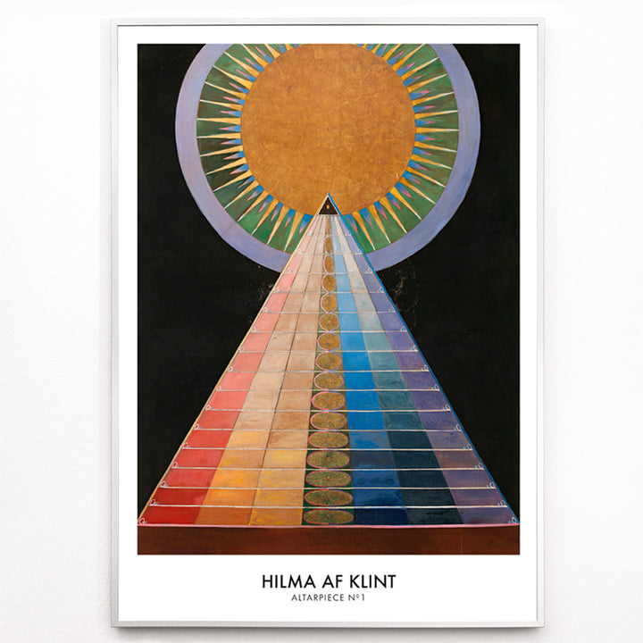 Closeup detail of Colorful geometric abstract art poster with radiant circle pyramid and sun motif by Hilma AF Klint Altarpiece No 1 Group X