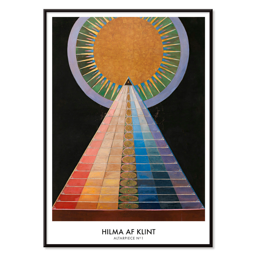 Colorful geometric abstract art poster with radiant circle pyramid and sun motif by Hilma AF Klint Altarpiece No 1 Group X, with black aluminium frame on white background
