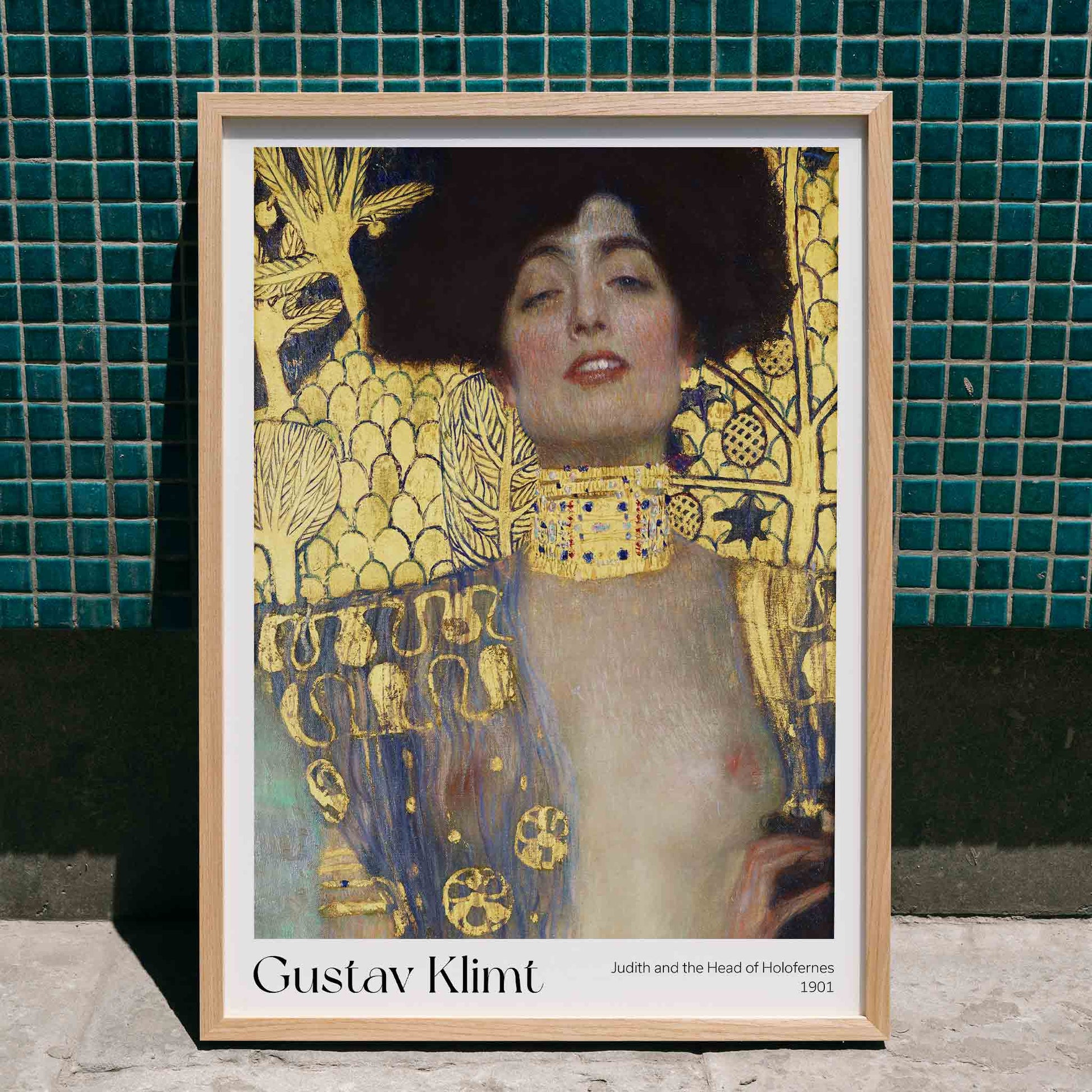 Judith and the Head of Holofernes by Gustav Klimt on ornate gold background art poster, framed and displayed in home decor