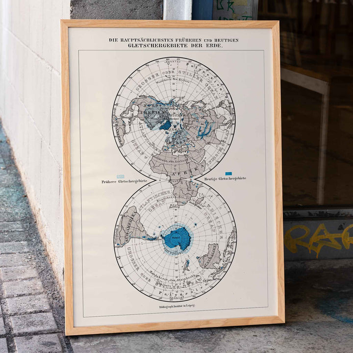 Vintage polar regions and glacier map illustrated artwork of Earth poles by Bibliographic institute of Liepzig, framed and displayed in home decor