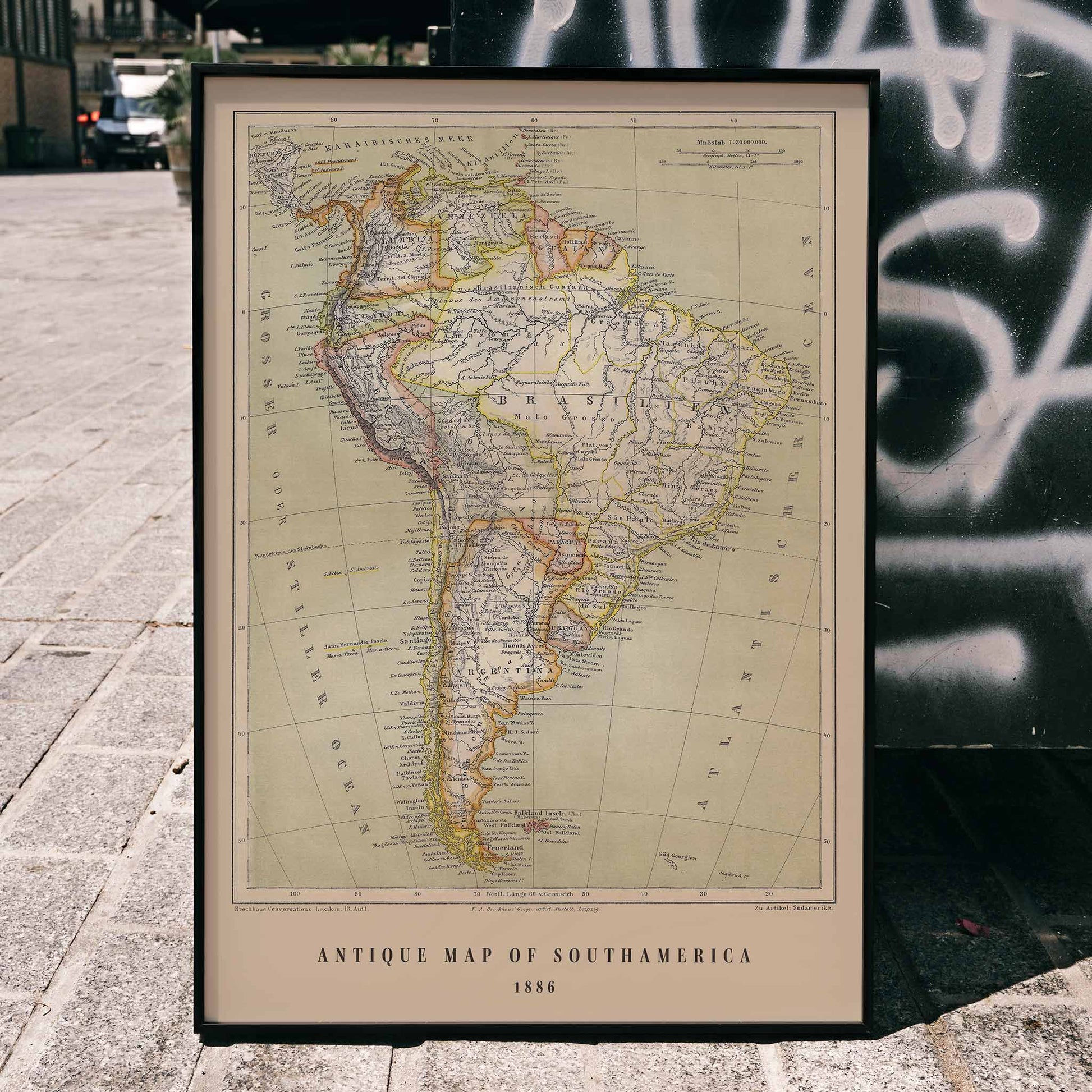 Vintage map of South America by Institute of Liepzig German antique map Brasil detailed geographic features artwork poster, framed and displayed in home decor