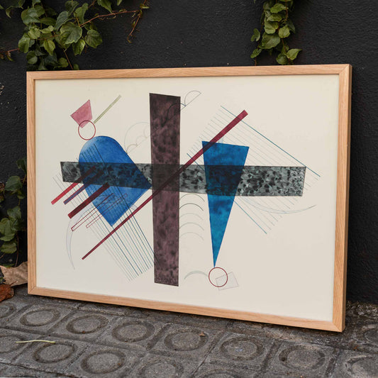 Abstract geometric poster with blue and red shapes artwork Blau in Rund und Spitz by Wassily Kandinsky, framed and displayed in home decor