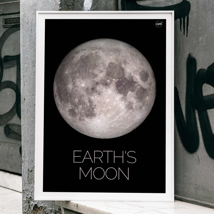 NASA poster of Earth Moon detailed lunar surface image with black background white border and labeled Moon, framed and displayed in home decor