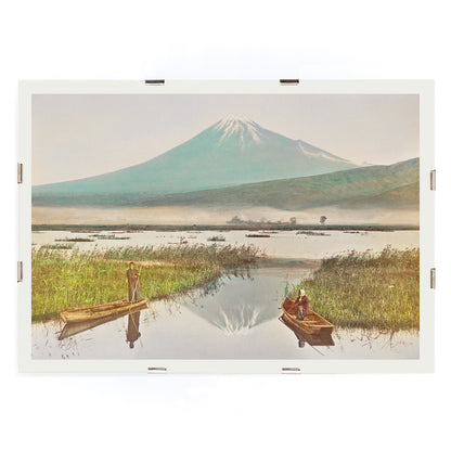 Mount Fuji from Kashiwabara with boats on tranquil lake hand colored albumen print and poster by Kazumasa Ogawa, framed and displayed in modern living room decor