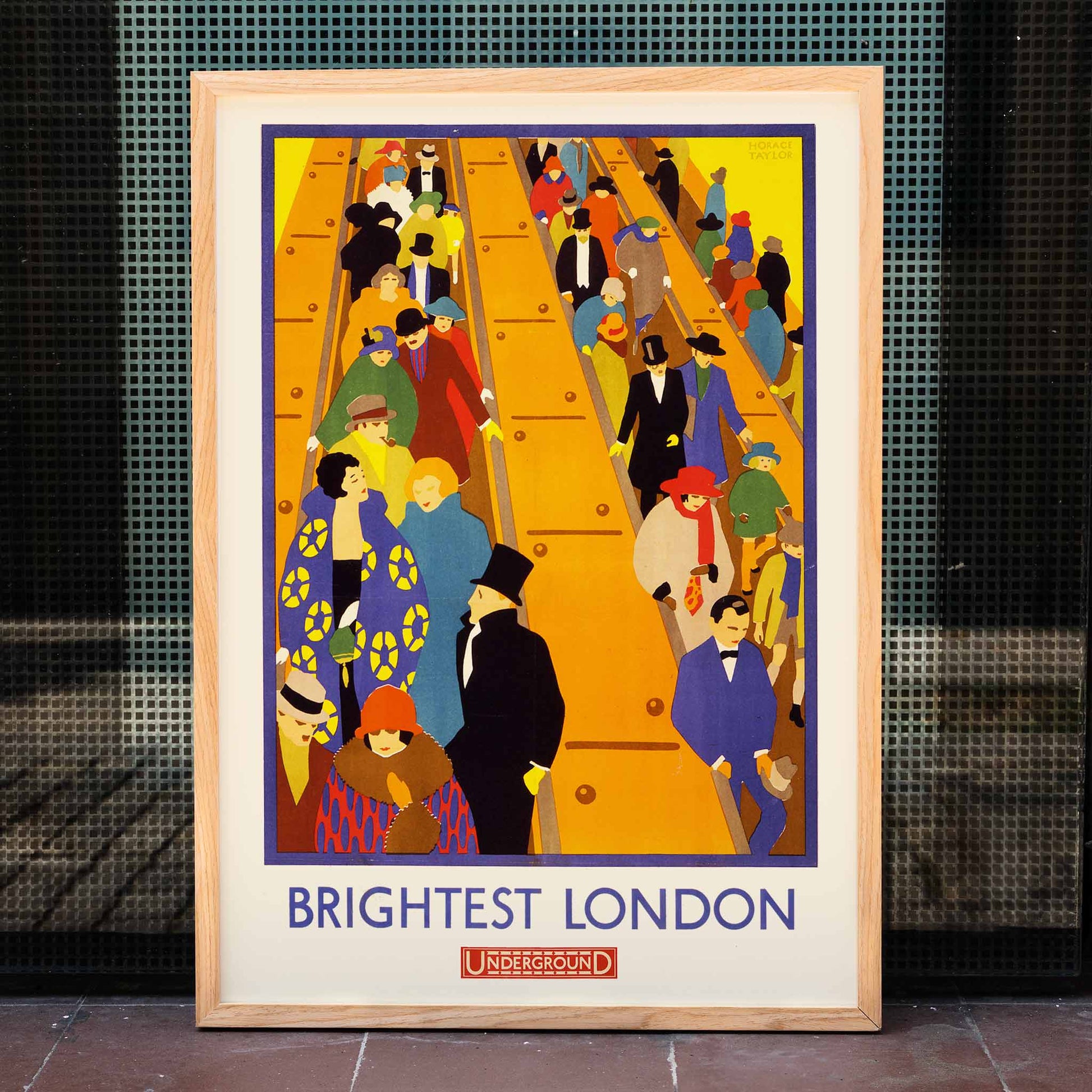 Colorful crowds on London Underground escalators artwork Brightest London by Horace Taylor poster, framed and displayed in home decor