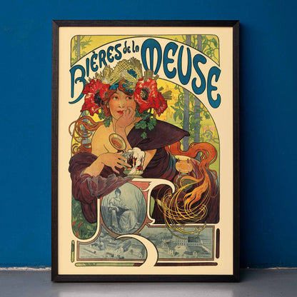 Art Nouveau poster of a woman with flowers in her hair holding a beer glass Bières De La Meuse by Alphonse Mucha, framed and displayed in home decor