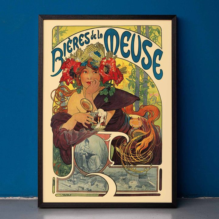 Art Nouveau poster of a woman with flowers in her hair holding a beer glass Bières De La Meuse by Alphonse Mucha, framed and displayed in home decor
