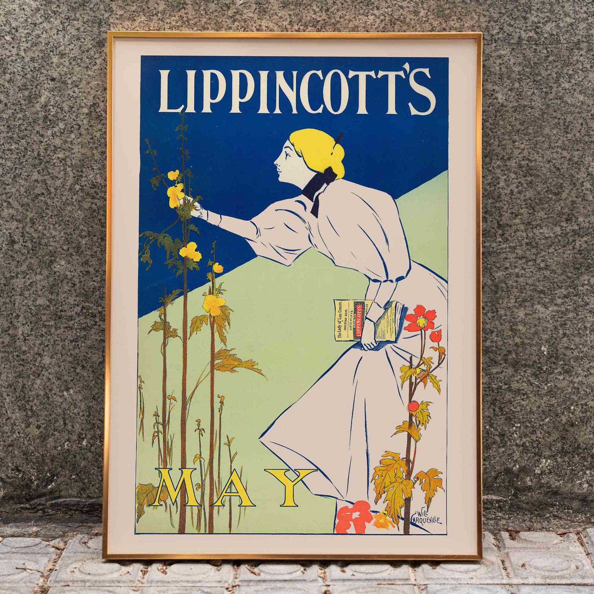 Woman in white dress picking flowers holding a book for Lippincotts May by William Carqueville illustration and poster, framed and displayed in home decor