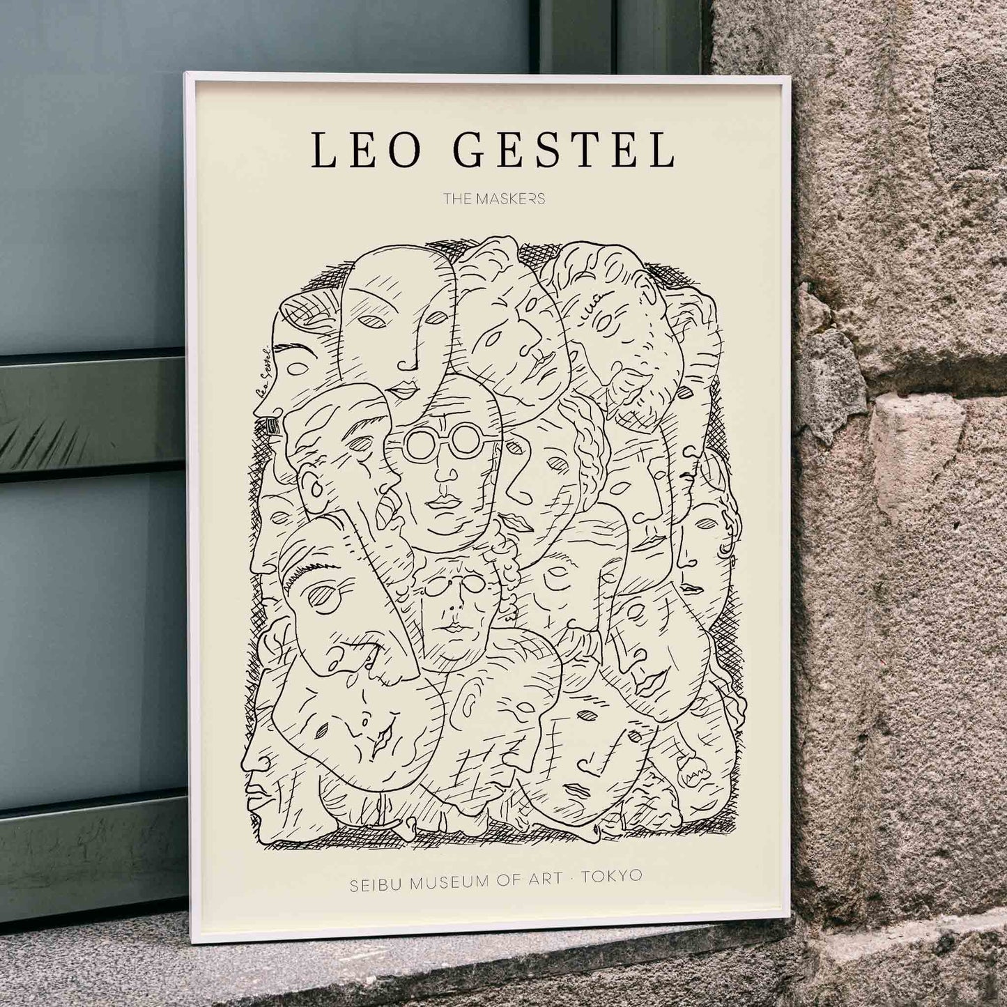 Leo Gestel Maskers artwork and poster featuring abstract faces and post-impressionist style exhibited at Seibu Museum of Art Tokyo, framed and displayed in home decor