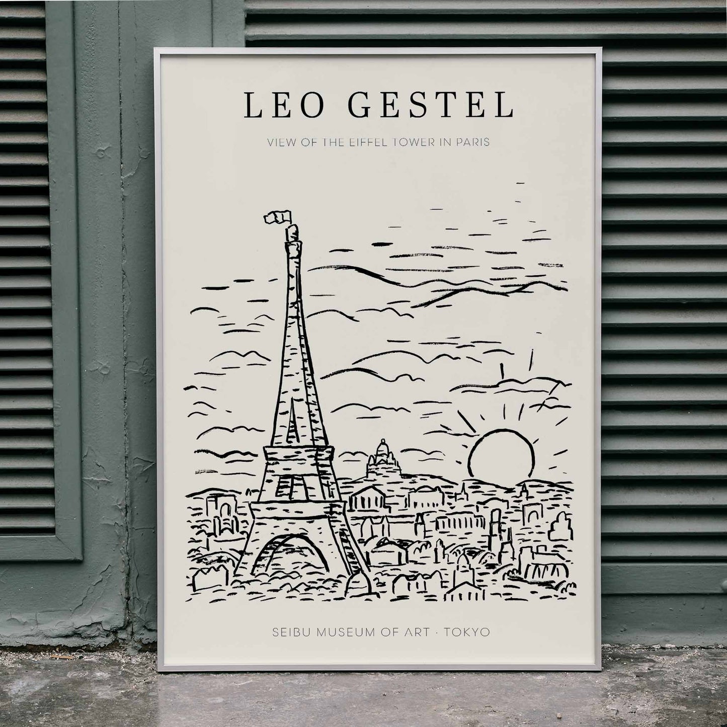 Artwork by Leo Gestel View of the Eiffel Tower in Paris sketch of Eiffel Tower and cityscape poster, framed and displayed in home decor
