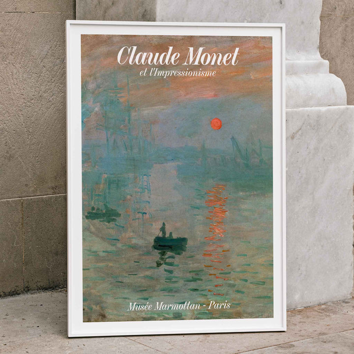 Claude Monet Soleil Levan exhibition poster vibrant impressionist artwork with red sun over water, framed and displayed in home decor