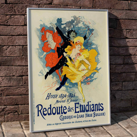 Colorful dancers in festive attire and vibrant costumes featured in Redoute Des Etudiants by Jules Cheret vintage poster with bold text, framed and displayed in home decor