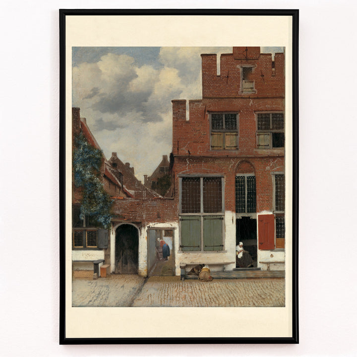 Closeup detail of Poster of a charming street scene with brick houses and figures from View of Houses in Delft The Little Street by Johannes Vermeer
