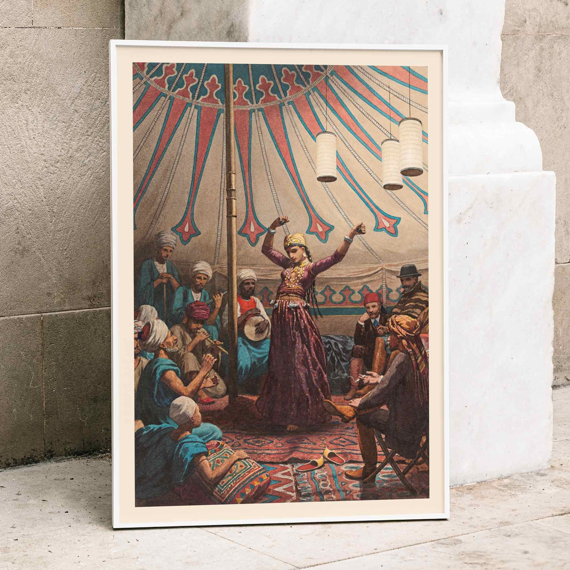 Egyptian dancer performing in a tent with musicians and spectators poster artwork by Willem de Famars Testas, framed and displayed in modern living room decor
