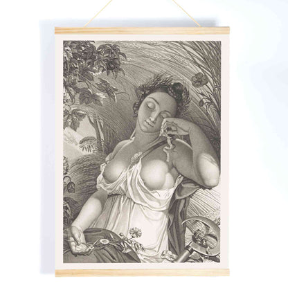 Sleeping Woman by Salvatore Tresca serene woman sleeping in a lush natural setting with flowers and wheat poster, with wooden magnetic frame on white background