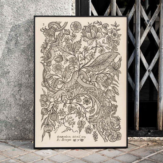 Floral textile pattern and botanical line art poster with intricate flowers by Alexander Senegat Design for textiles Flowers, framed and displayed in home decor