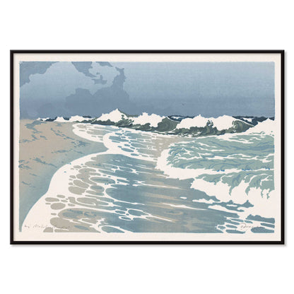 Sea waves crashing on sandy seashore artwork by O Droegl poster of foamy waves on the sea shore, with black aluminium frame on white background