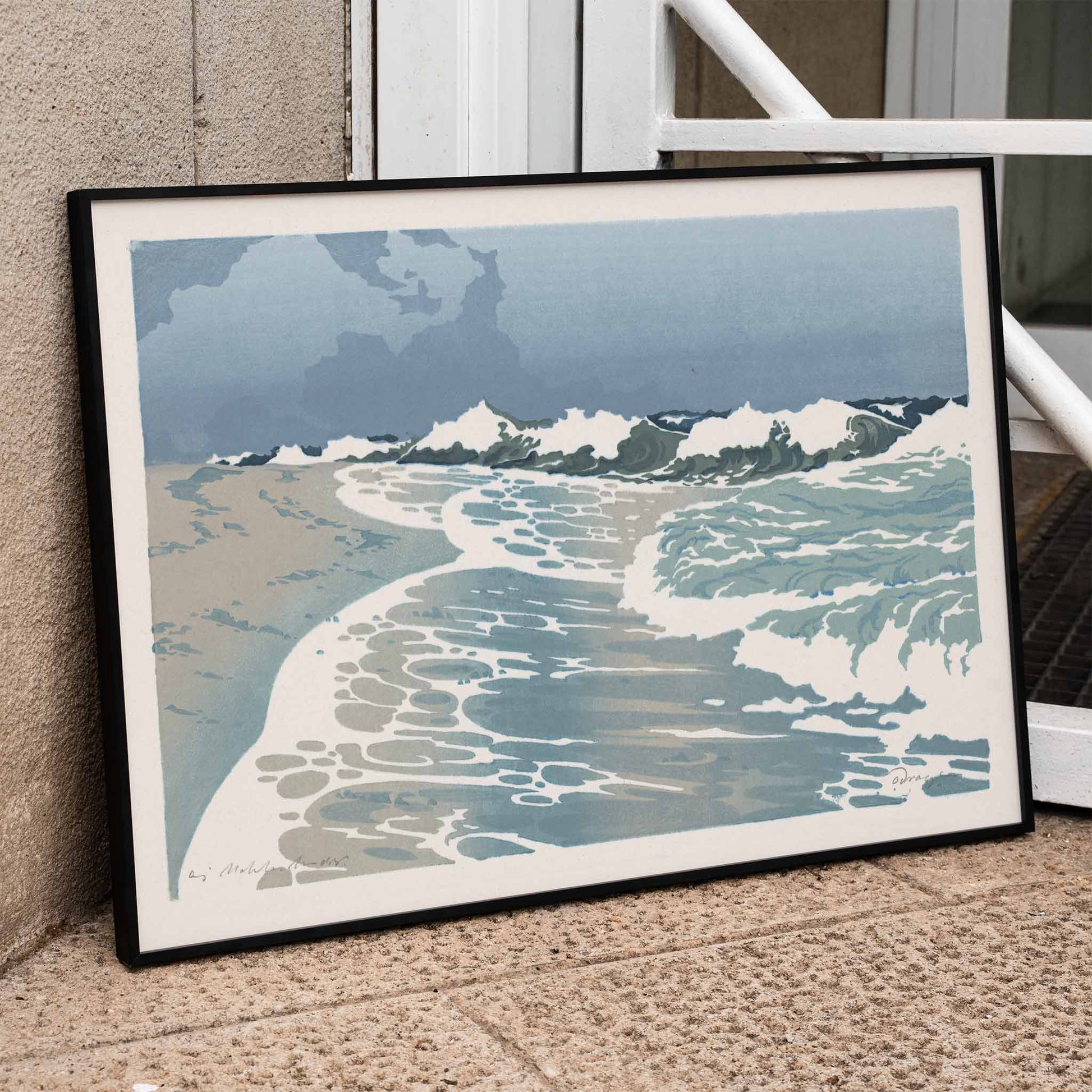Sea waves crashing on sandy seashore artwork by O Droegl poster of foamy waves on the sea shore, framed and displayed in modern living room decor
