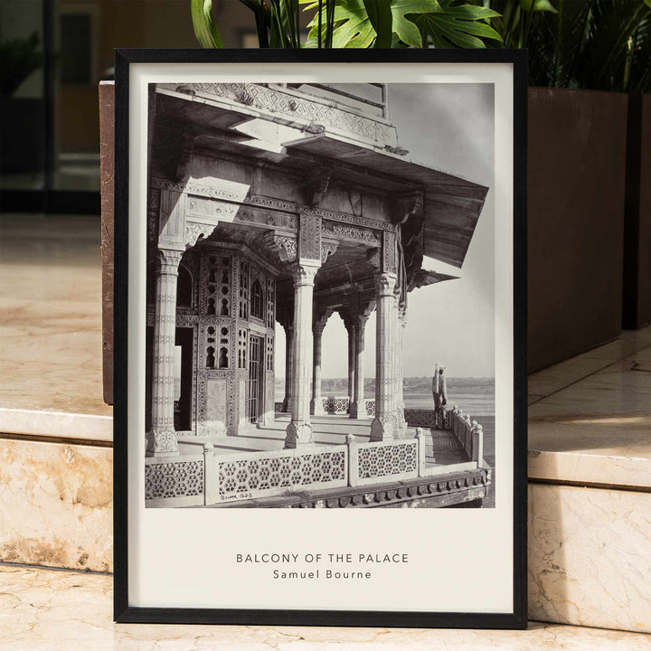 Architectural photography and poster of ornate palace balcony with intricate columns and carvings by Samuel Bourne titled Balcony of the Palace, framed and displayed in home decor