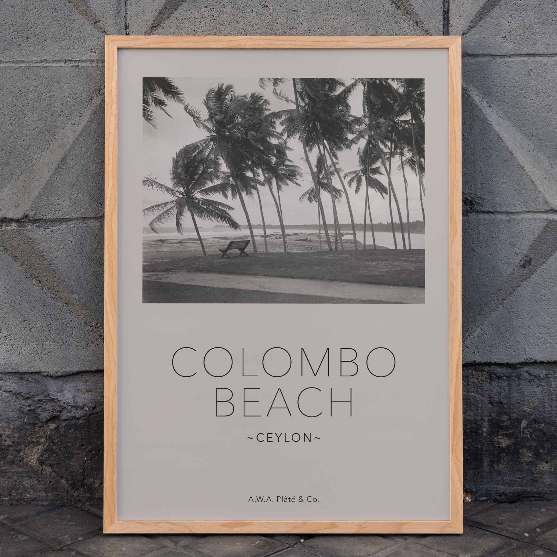 Colombo Beach Ceylon poster with palm trees and empty bench artwork by AWA Plate and Co ideal for wall decor and travel themes, framed and displayed in home decor