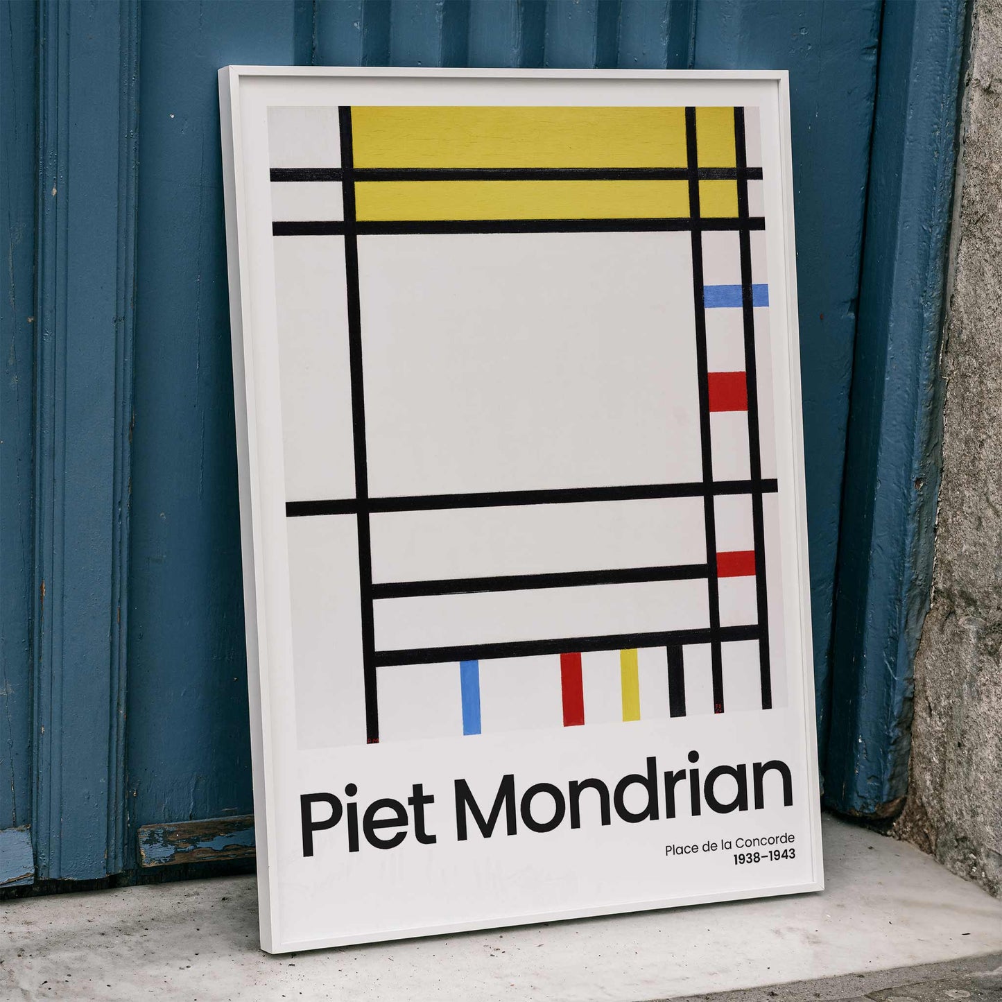 Abstract geometric painting Place de la Concorde by Piet Mondrian with bold black lines and blocks of red yellow and blue primary colors poster, framed and displayed in home decor