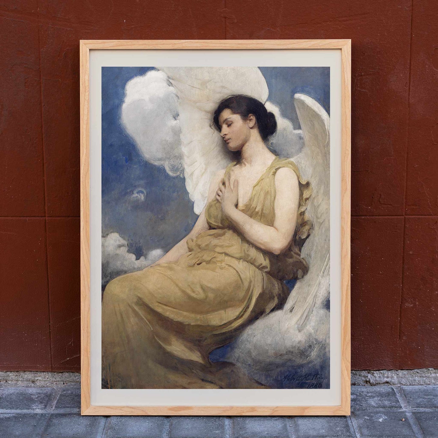 Winged Figure by Abbott Handerson Thayer serene angelic woman with white wings seated among clouds painting and poster, framed and displayed in home decor