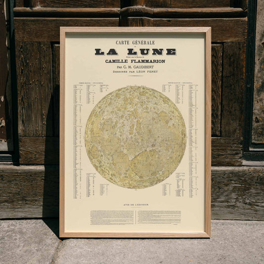 Carte Général de la Lune poster detailed lunar map by Camille Flammarion C M Gaudibert and Léon Fenet, framed and displayed in home decor