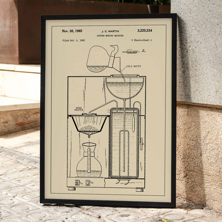 Vintage coffee making machine patent drawing and technical poster by JC Martin with labeled components and mechanisms, framed and displayed in home decor