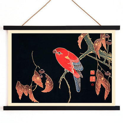 Vibrant red parrot perched on a tree branch artwork by Ito Jakuchu showcasing intricate details and colors poster, with wooden magnetic frame on white background