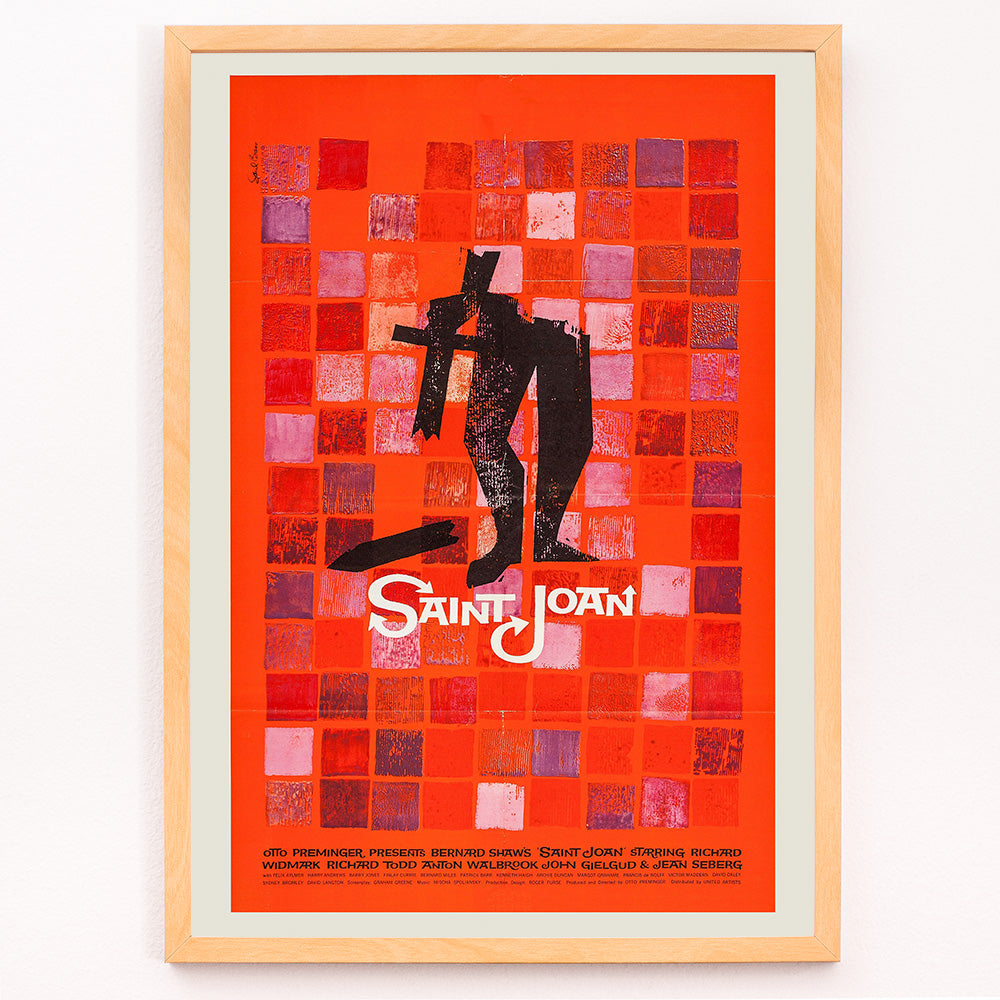 Closeup detail of Abstract red and black Saint Joan Movie poster by Saul Bass with stylized figure on checkered background and abstract red squares